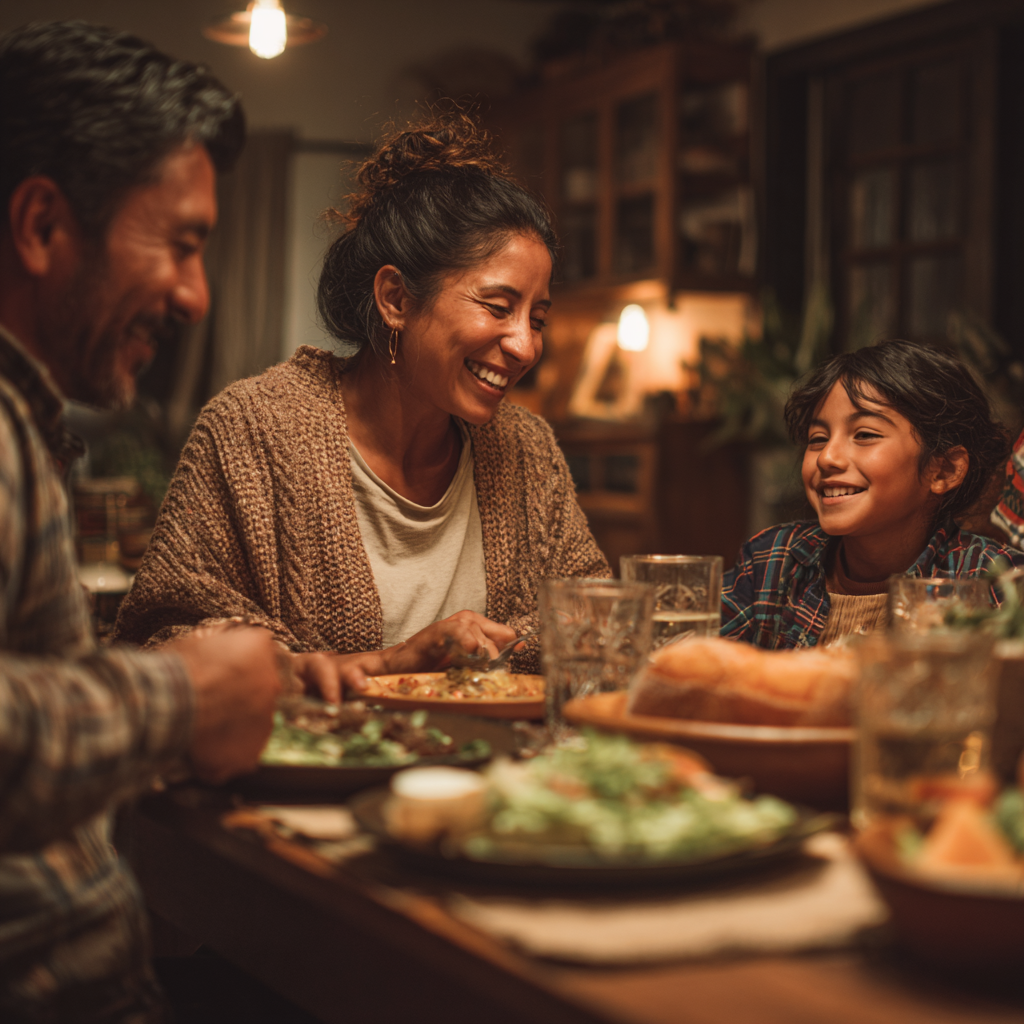 Familia compartiendo una cena conectada sin pantallas